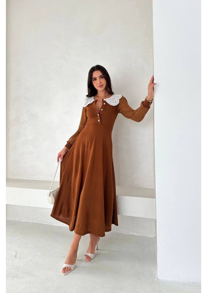 Kadın Yaka Dantel Detaylı Düğmeli Elbise NBK4301 indirimleri