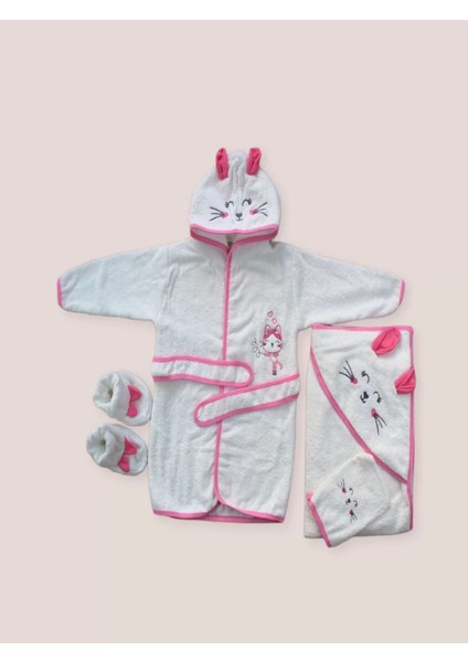 0-6 Ay Kedicik Nakışlı Bornozlu 5li Kız Bebek Havlu Silgi Takımı Fuşya