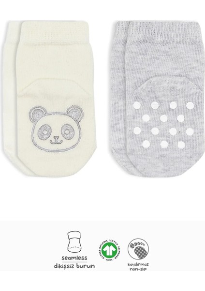 Hayvan Figürlü Kaymaz Soket Çorap 2'li Gri Ekru