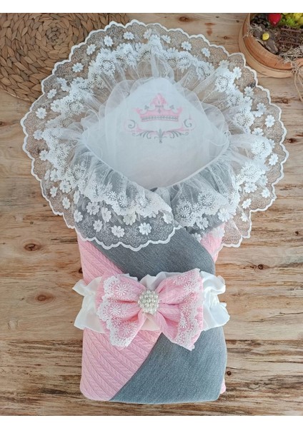 Yenidoğan Teri Cotton Taç Nakışlı Prizma Taş Kundak Bebek Battaniyesi Pembe
