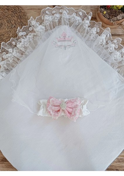 Yenidoğan Teri Cotton Taç Nakışlı Prizma Taş Kundak Bebek Battaniyesi Pembe