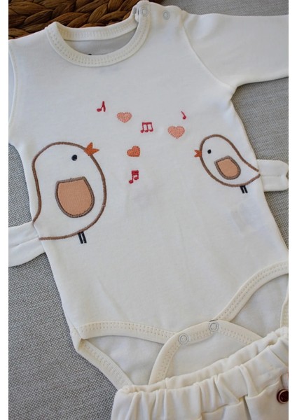 3-6 6-9 9-12 Ay Şarkıcı Kuşlar Nakışlı Bandanalı Uzun Kollu Zıbınlı 3lü Kız Bebek Takımı Ekru fiyatları