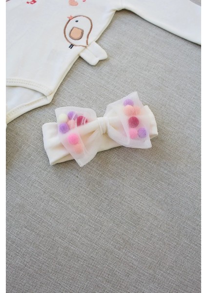 3-6 6-9 9-12 Ay Şarkıcı Kuşlar Nakışlı Bandanalı Uzun Kollu Zıbınlı 3lü Kız Bebek Takımı Ekru fırsatları