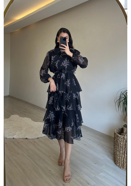 Kadın Çiçek Desenli Kat Kat Volanlı Şifon Elbise NM014