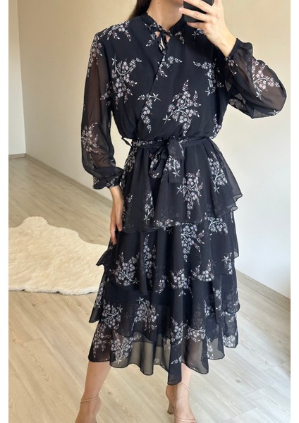 Kadın Çiçek Desenli Kat Kat Volanlı Şifon Elbise NM014 fiyatları