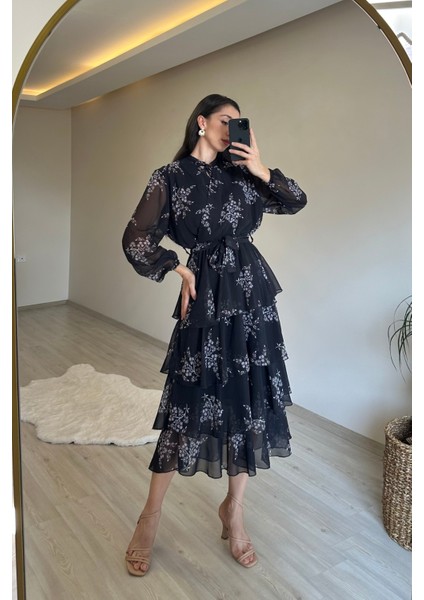 Kadın Çiçek Desenli Kat Kat Volanlı Şifon Elbise NM014 modelleri