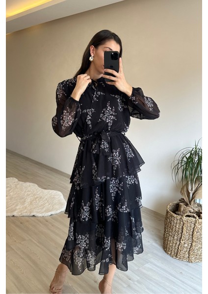 Kadın Çiçek Desenli Kat Kat Volanlı Şifon Elbise NM014 fırsatları