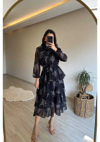 Kadın Çiçek Desenli Kat Kat Volanlı Şifon Elbise NM014 indirimleri