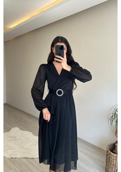 Kadın Kruvaze Yaka Tokalı Midi Boy Işıltılı Elbise NM009 modelleri