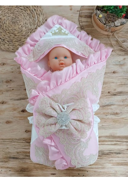 Yenidoğan Grand Lüks Kelebek Ağır Güpür Işlemeli Şapkalı Bebek Battaniyesi Kundak Pembe fiyatları