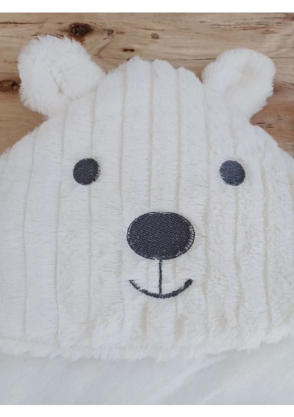 Yenidoğan Beyaz Wool Yün Kumaş Ayıcık Kulaklı Kundak Bebek Battaniyesi Beyaz