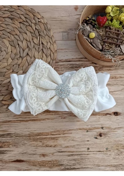 Yenidoğan Teri Cotton Taç Nakışlı Prizma Taş Kundak Bebek Battaniyesi Krem