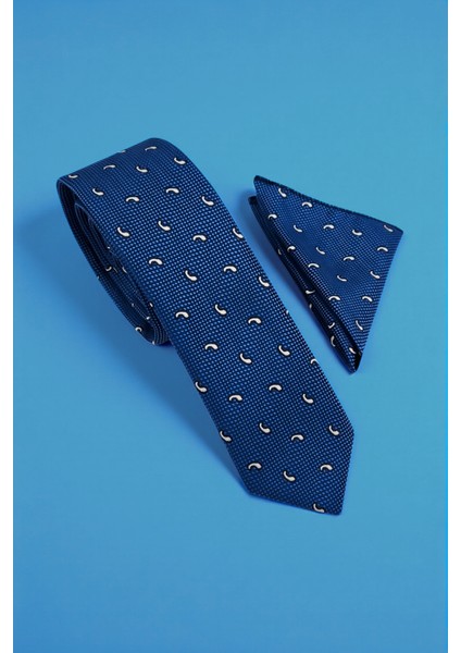 Slim Damla Desen Mavi Kravat & Mendil