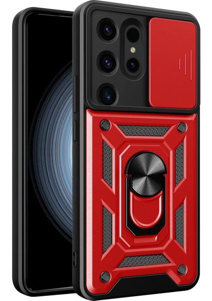 Newface Samsung Galaxy S24 Ultra Kılıf Pars Lens Yüzüklü Silikon - Kırmızı