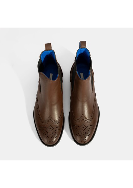 Kadın Mavi Astar Detaylı Kahve Chelsea Deri Bot