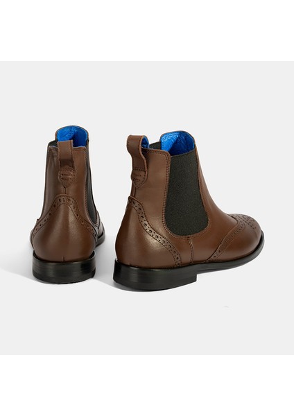 Kadın Mavi Astar Detaylı Kahve Chelsea Deri Bot