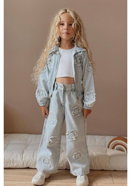 Papatya Detaylı Kız Çocuk Kot 2 Li Takım - Buz mavisi fiyatları