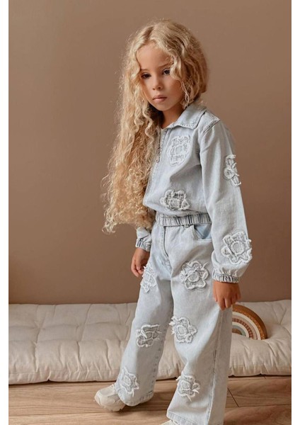 Papatya Detaylı Kız Çocuk Kot 2 Li Takım - Buz mavisi modelleri