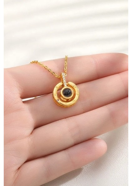 Gold Renk 100 Dilde Seni Seviyorum Taşlı Kadın Çelik Kolye ECK47S