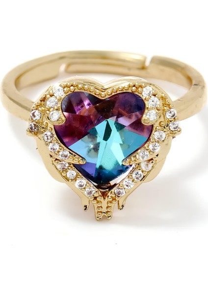 Renkli Taşlı Kalpli Kadın Çelik Kolye ve Yüzük Seti ECK48KY