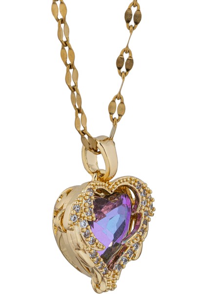 Renkli Taşlı Kalpli Kadın Çelik Kolye ve Yüzük Seti ECK48KY