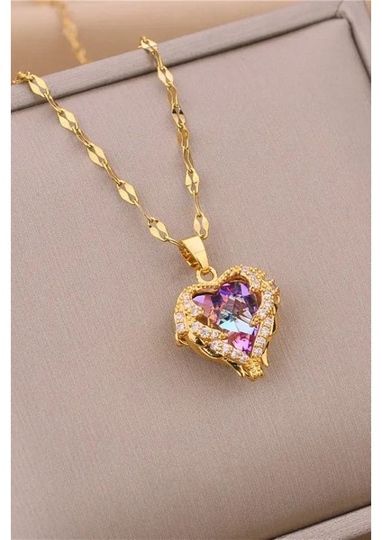 Renkli Taşlı Kalpli Kadın Çelik Kolye ve Yüzük Seti ECK48KY