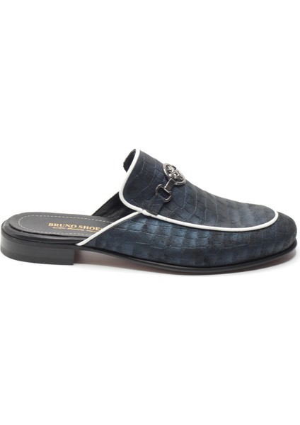 Lacivert Kroko Desenli Beyaz Biyeli Metal Aksesuarlı Hakiki Deri Erkek Sabo Half Shoes fiyatları