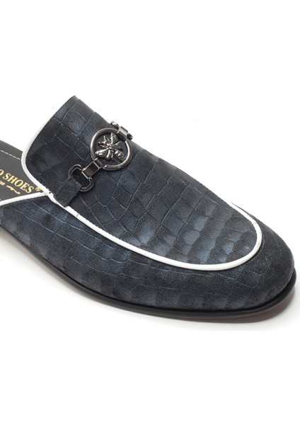 Lacivert Kroko Desenli Beyaz Biyeli Metal Aksesuarlı Hakiki Deri Erkek Sabo Half Shoes modelleri