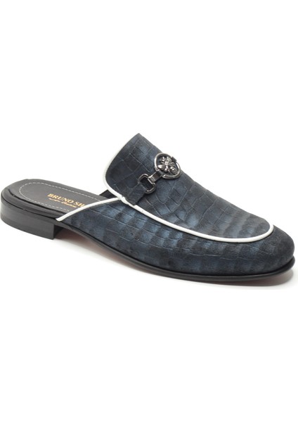 Lacivert Kroko Desenli Beyaz Biyeli Metal Aksesuarlı Hakiki Deri Erkek Sabo Half Shoes indirimleri