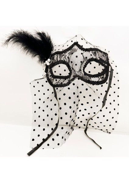 Siyah Renk Siyah Puantiyeli Duvaklı İncili Parti Maskesi fiyatları