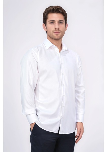 Slim Fit Italyan Yaka Non-Iron Twıll Beyaz Gömlek