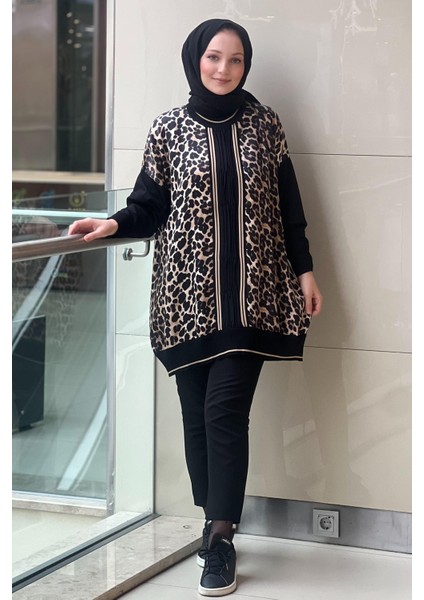Triko Detaylı Desenli Saten Tunik 4148