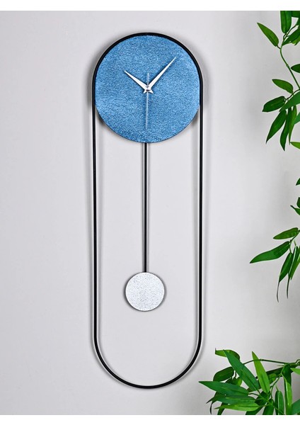 Metal Sarkaçlı Dekoratif Duvar Saati - Sessiz Mekanizma - El Boyama Modern Tasarım Saat-Mavi