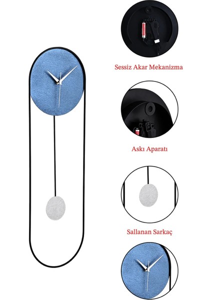 Metal Sarkaçlı Dekoratif Duvar Saati - Sessiz Mekanizma - El Boyama Modern Tasarım Saat-Mavi fırsatları