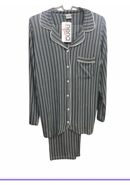Kadın Uzun Kollu Önden Açık % 100 Pamuk Çizgili Pijama TAKIMI-ANTRASIT-14650