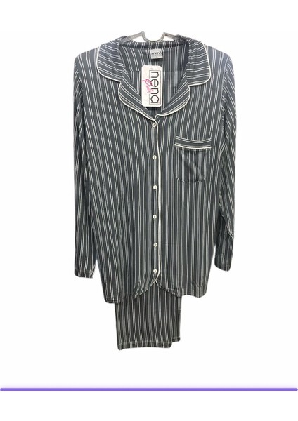 Kadın Uzun Kollu Önden Açık % 100 Pamuk Çizgili Pijama TAKIMI-ANTRASIT-14650 modelleri
