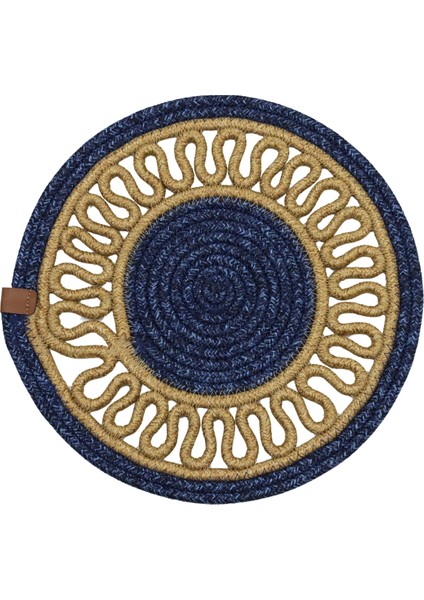 Jutty Hasır Görünümlü Jüt Dokuma Yuvarlak Lacivert Natural Dekoratif Amerikan Servis 32X32 cm Supla