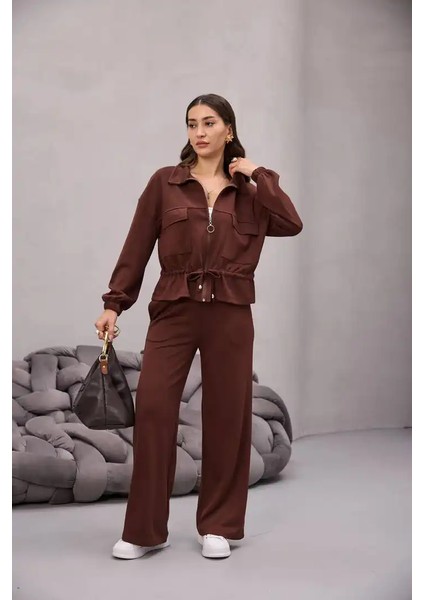 Fermuarlı Bağlamalı Cep Detay Gömlekli Takım