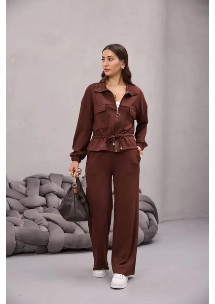 Fermuarlı Bağlamalı Cep Detay Gömlekli Takım