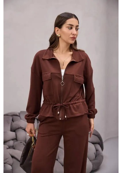 Fermuarlı Bağlamalı Cep Detay Gömlekli Takım