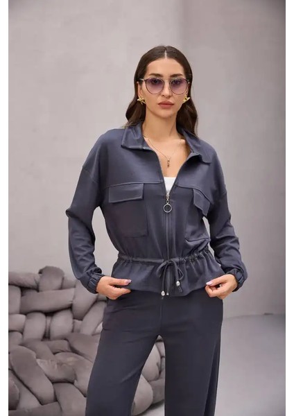 Fermuarlı Bağlamalı Cep Detay Gömlekli Takım