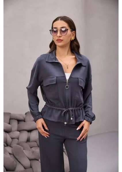 Fermuarlı Bağlamalı Cep Detay Gömlekli Takım