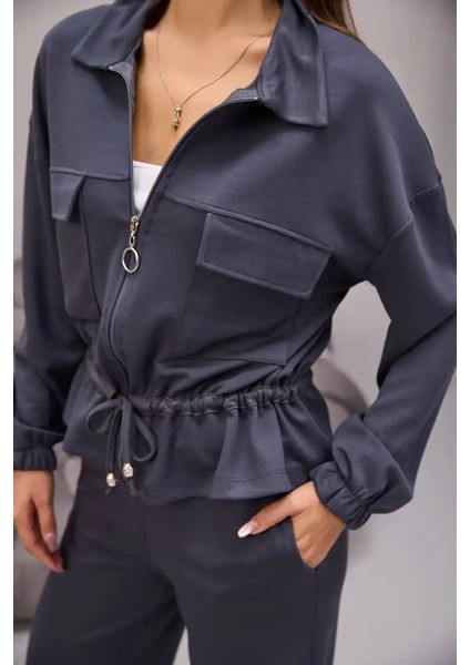Fermuarlı Bağlamalı Cep Detay Gömlekli Takım