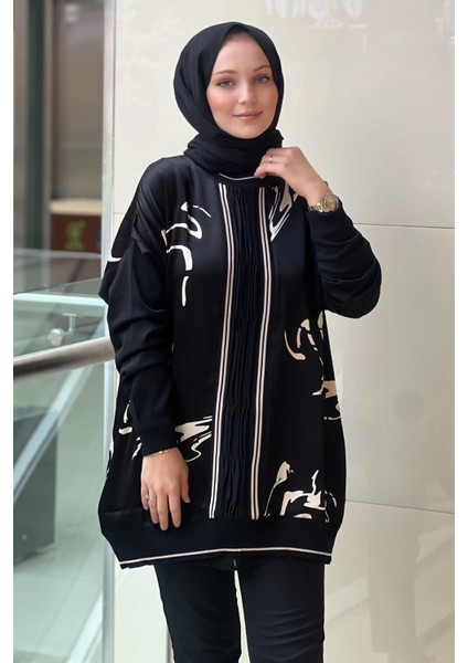 Triko Detaylı Desenli Saten Tunik 4148