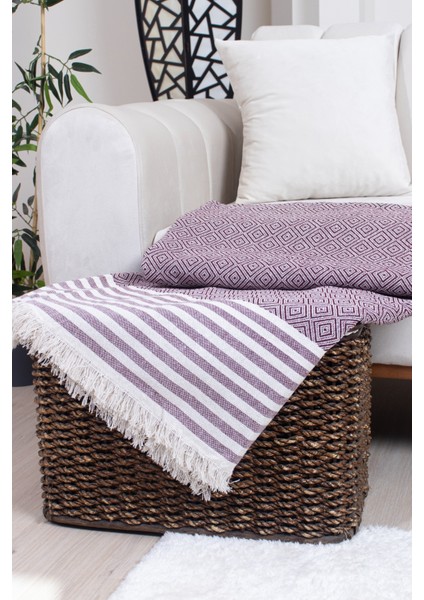 Pamuklu Püsküllü Elmas Desenli Koltuk Örtüsü 170X210 cm | Dekoratif Kanepe, Yatak ve Tv Örtüsü