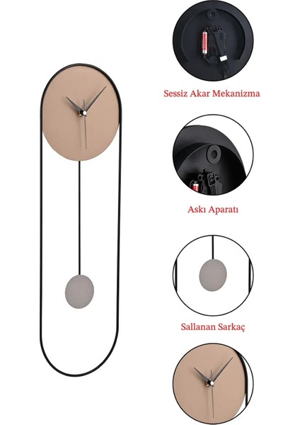 Metal Sarkaçlı Dekoratif Duvar Saati - Sessiz Mekanizma - El Boyama Modern Tasarım Saat-Bizon Kahve fırsatları