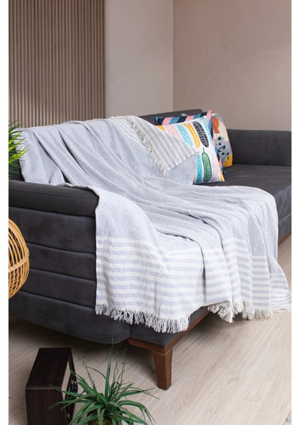 Pamuklu Püsküllü Elmas Desenli Koltuk Örtüsü 170X210 cm | Dekoratif Kanepe, Yatak ve Tv Örtüsü