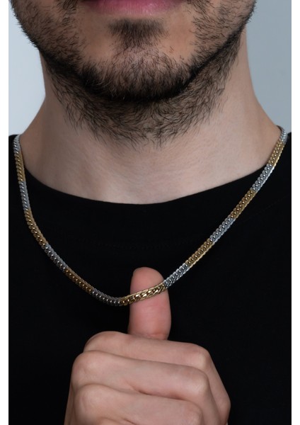 Sarı Beyaz Ezme Yassı Yılan Model Çelik Unisex Kolye ECK41
