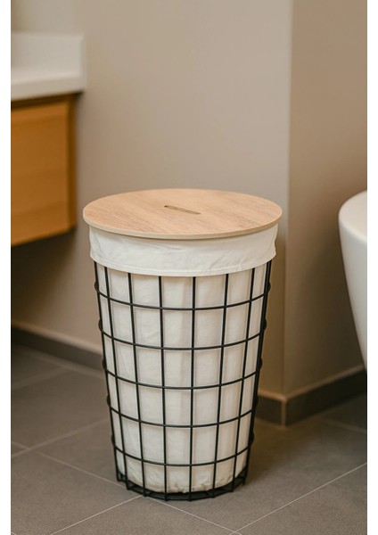 Banyo Düzenleyici Tel Kirli Sepet Ahşap Kapaklı Metal Gövde Kumaşlı Çamaşır Sepeti Banyo Aksesuar