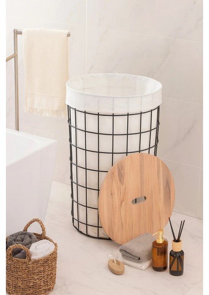 Banyo Düzenleyici Tel Kirli Sepet Ahşap Kapaklı Metal Gövde Kumaşlı Çamaşır Sepeti Banyo Aksesuar fiyatları